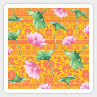 Hong Kong Lotus Pink and Green with Floral Pastel Orange and Pink Pattern Sticker